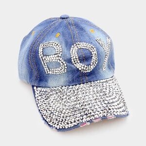 Blue Denim BOY Studded Silver Rhinestone Crystal Brim Baseball Cap Bling Hat